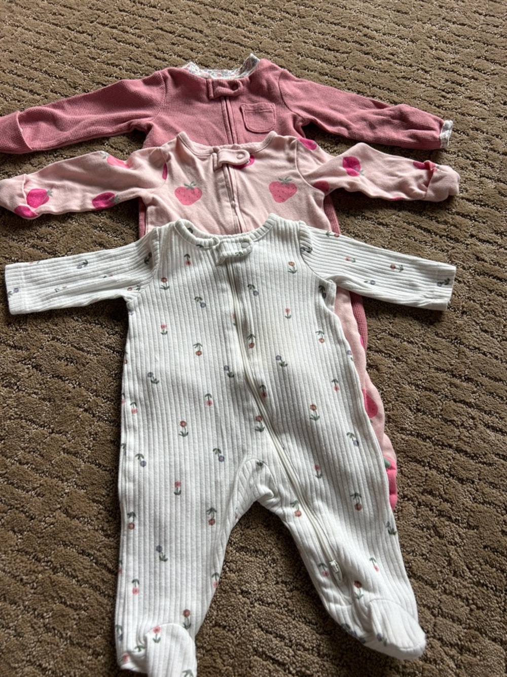 3-Pack Baby Girls One-Piece Sleepers in Pink, Light Pink, and Cream